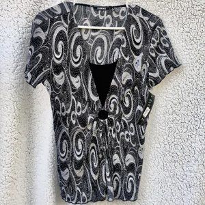 NWT Black White Blouse Black Undershirt Dot and Swirl Design Round Cutout
